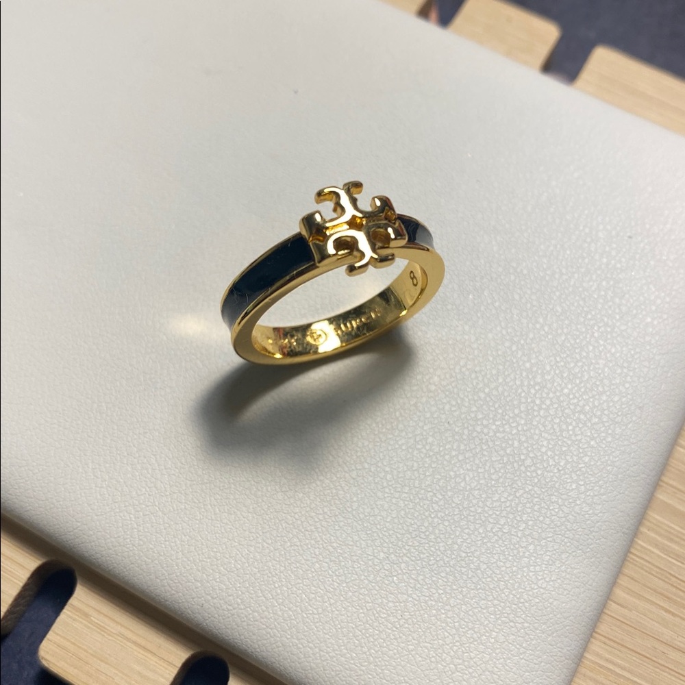 Tory Burch Kira Gold and Black Enamel Ring
